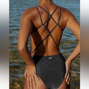 Berlook Black Lurex Cross Back One-Piece Swimsuit